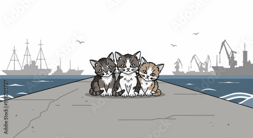Three kittens on a pier with ships and cranes in the background