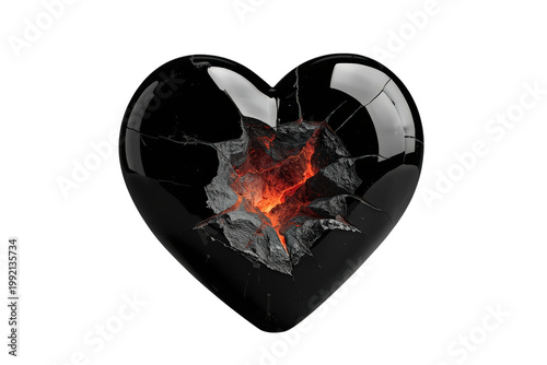 Transforming black heart cracking with glowing molten core, symbolizing emotion, pain, and broken love, transparent background
