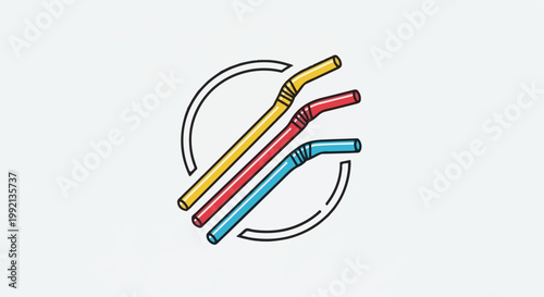 Stylized illustration of three bent drinking straws, red, yellow, and blue