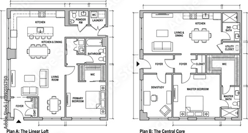 Detailed architectural blueprints showcasing two distinct modern residential floor plan designs for contemporary living spaces and efficient home organization and flow