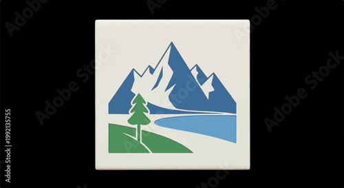 Stylized mountains meet water's edge with a solitary evergreen tree