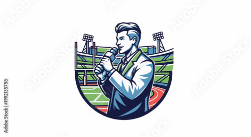 Stylized male announcer speaking into a microphone at a stadium