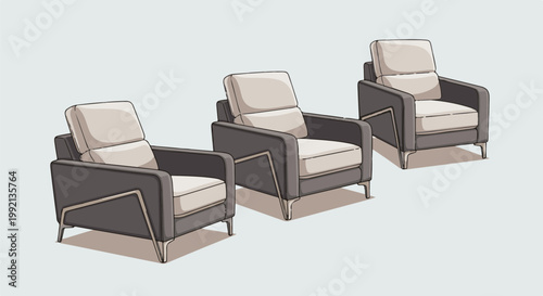 Three modern armchairs with grey frames and light beige cushions