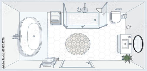 A detailed blueprint of a spacious modern bathroom layout, showcasing elegant fixtures and thoughtful design elements