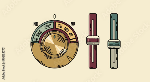 Stylized retro audio knobs and sliders with numbered dials on a beige background
