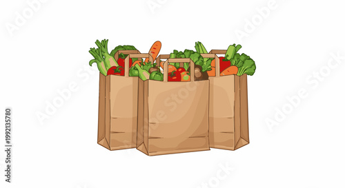 Three paper bags filled with fresh colorful produce and vegetables