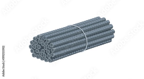 A large cylindrical bundle of ribbed grey steel rebar rods is tightly bound with a single metal strap against a clean and neutral bright white background.