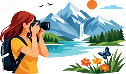 A young woman photographer taking photos of a mountain landscape with a lake and waterfall.