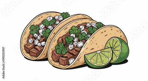 Three tasty tacos with meat, cilantro, onions, and lime wedges
