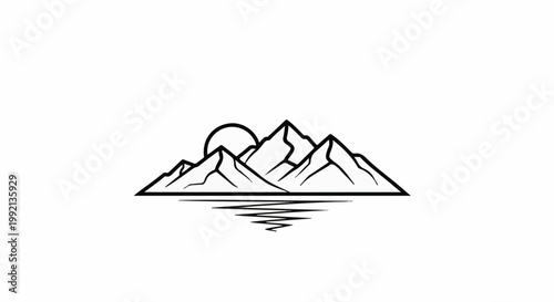 Stylized mountain range with sun setting behind peaks, reflected in water