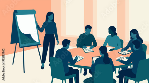 Woman presenting at a flip chart during a business team meeting