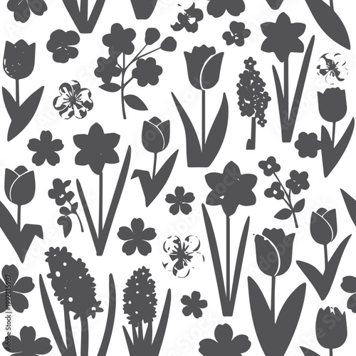 Black silhouette spring flowers seamless pattern