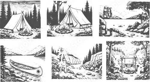 Camping scenes with tents, campfire, canoe, and river