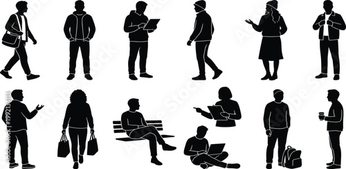 Collection of diverse individuals depicted in silhouette, showcasing various activities and poses for versatile design applications