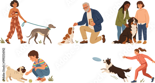 Diverse group of people and their canine companions enjoying various activities together, showcasing a heartwarming bond and playful interactions