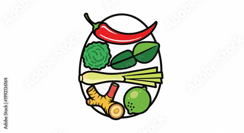 Vibrant cartoon ingredients for spicy soup inside an oval outline