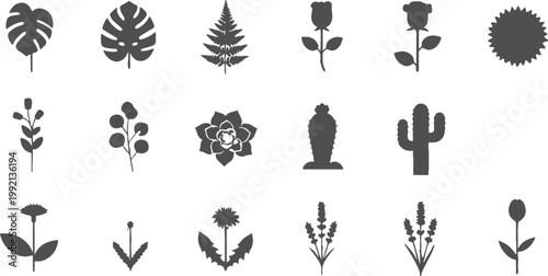 Collection of black silhouette plant and flower