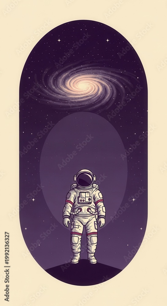 Fototapeta premium Astronaut stands peacefully beneath a glowing spiral galaxy in the deep dark reaches of outer space.