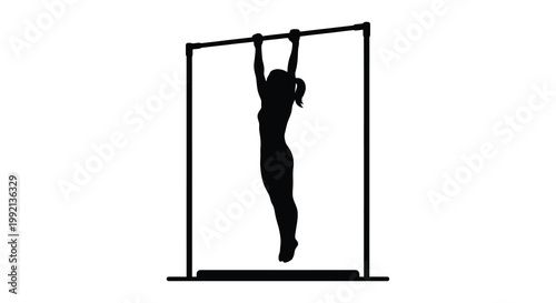 A woman performs a pull up on a bar depicted in silhouette