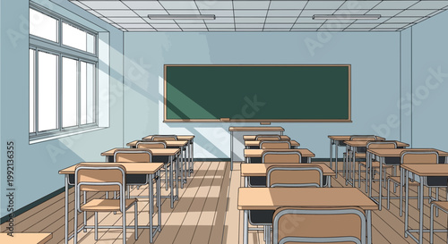 Empty classroom with desks, chairs, and blackboard bathed in sunlight from windows.