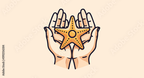 Two open hands gently cradle a bright orange starfish with dots