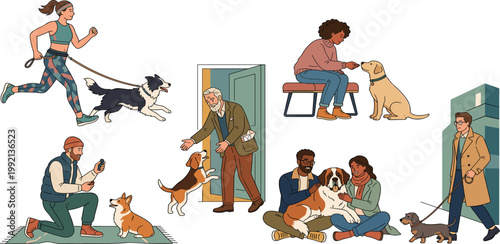 Scenes of people and their canine companions engaging in various activities, showcasing the bond between humans and dogs