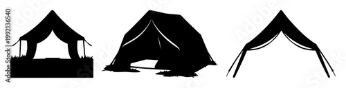 Solid black icon, white background: forest camping tent set with simple line art design featuring simple design, minimalist, black and white with illustrations and graphics