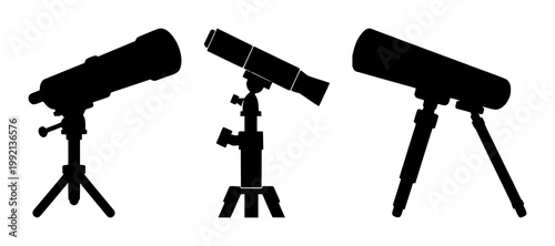 Telescope stargazing icon set with solid black silhouette on white background featuring astronomy, observation, night sky with telescope and stars