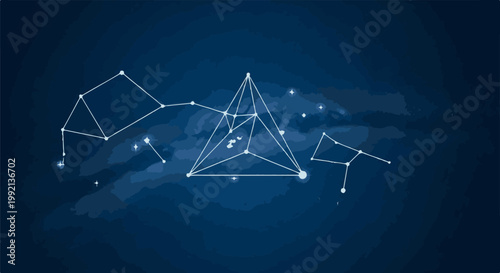 White geometric constellations on a dark blue textured background with starry hints