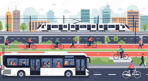 Sustainable Urban Transportation: Bus, Tram, Cyclists, and Pedestrians in City