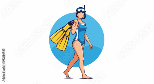 Woman in blue swimsuit with yellow fins and snorkel mask walks past blue circle
