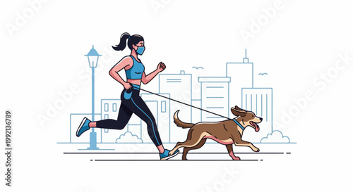 Woman with face mask jogs with dog on leash in city