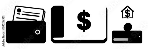 Savings account passbook set with solid black icon on white background featuring financial, banking, iconography with simplicity and minimalism