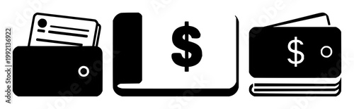 Savings account passbook set with solid black icon on white background featuring financial, banking, iconography with simplicity and minimalism