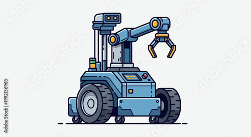 Blue robotic arm on wheels, automated industrial machine, technology concept