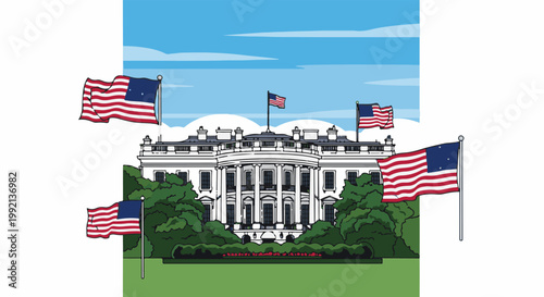 White House with flags flying in a blue sky