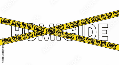 Yellow caution tape saying "CRIME SCENE DO NOT CROSS" over the word "HOMICIDE