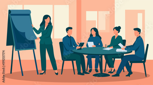 Business team meeting in office, woman presenting ideas on flip chart