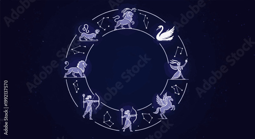 Zodiac wheel with mythical creatures and figures on starry background