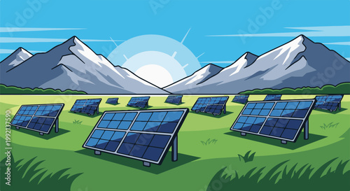 Solar farm with snow-capped mountains and a bright sun in the distance