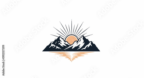 Stylized sunset behind mountain range reflected in calm water