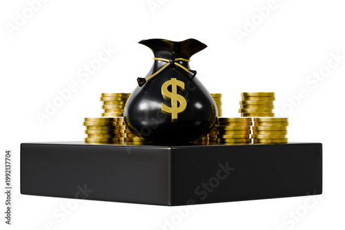 3d money bag and coin stacks icon. wealth concept. minimal cartoon cash bag finance symbol for investment and savings. isolated on white transparent background. 3d render.