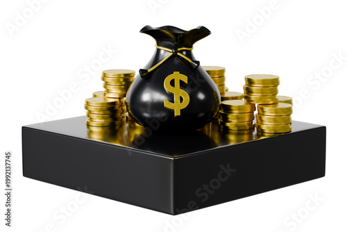 3d money bag and coin stacks icon. wealth concept. minimal cartoon cash bag finance symbol for investment and savings. isolated on white transparent background. 3d render.