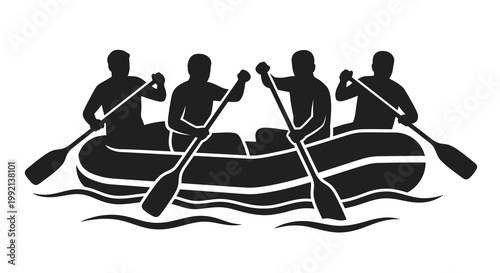 Four rowers in a boat navigate wavy waters black silhouette