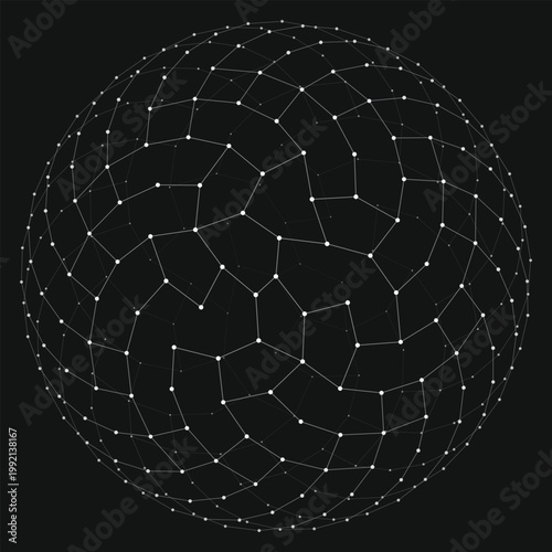 Abstract Geometric Sphere: Intricate network of lines and dots forms a mesmerizing spherical structure, representing interconnectedness, technology, and data visualization against a dark backdrop. 