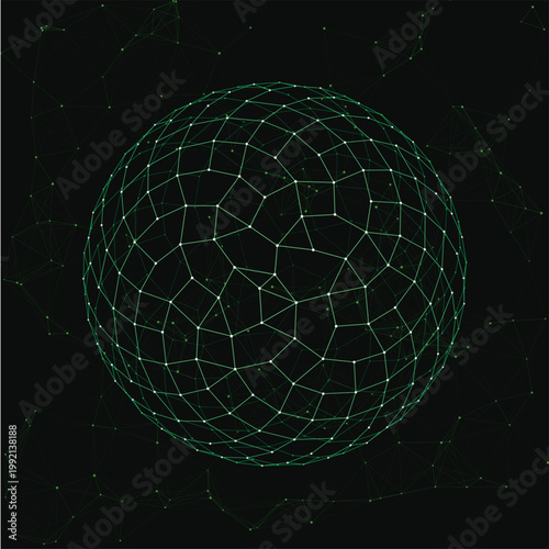 Cosmic sphere of network structure: A luminous sphere with a network structure shines against a dark background, representing the intricate interconnectedness of the cosmos.