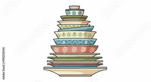 Stacked colorful dishes and bowls with patterned designs