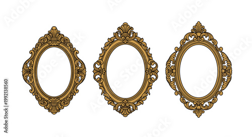 Three distinct oval-shaped golden frames featuring meticulous baroque carvings and symmetrical flourishes displayed in a horizontal row against a pure white background.