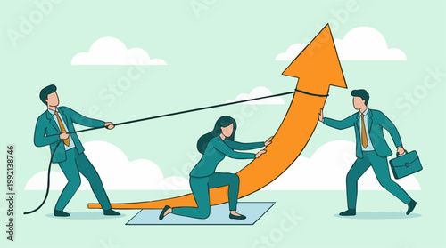 Business team collaborating to lift and push a growth arrow upwards
