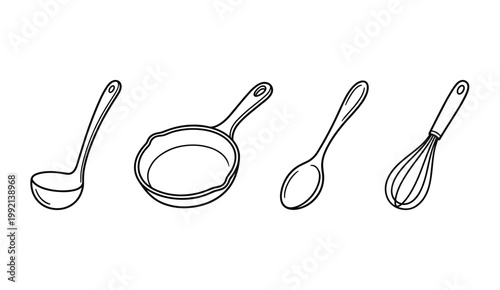 Hand-drawn cooking utensils collection with ladle pan spoon and whisk on transparent background.